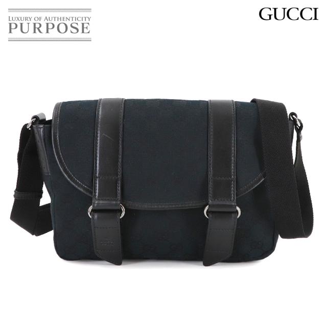 美品 グッチ バッグ GGキャンバス メッセンジャー ショルダー バッグ レザー ブラック 145858 レディース 90314048 【中古】ブランド