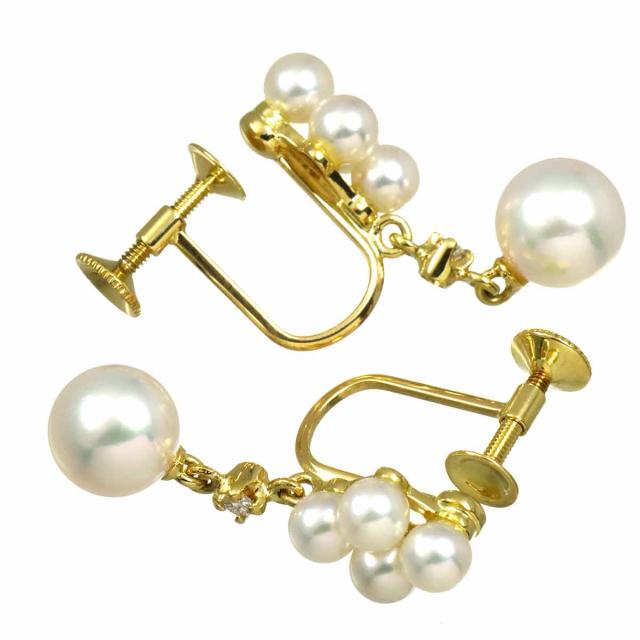 ミキモト MIKIMOTO アコヤ真珠 6.5-3.5mm ダイヤ イヤリング K18 YG イエローゴールド 750 パール レディース 90318433 【中古】BJ_2