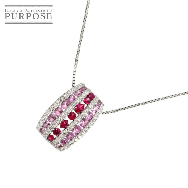 サファイヤ 0.68ct ルビー 0.32ct ダイヤ 0.32ct ネックレス 44.5cm K18 WG ホワイトゴールド 750 レディース 90320480 【中古】NJ