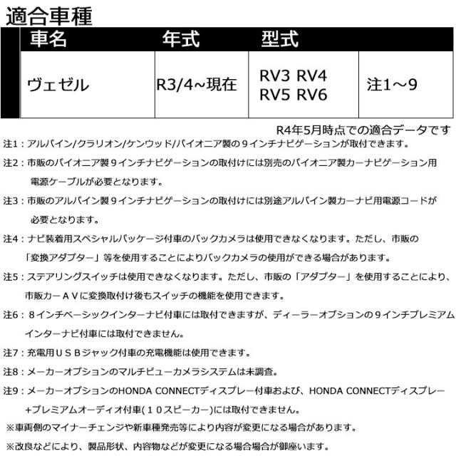 ホンダ ヴェゼル(RV3,RV4,RV5,RV6) R3/4~R6/3 9インチナビ取付キット パネル/取り付け TBX-H012_2