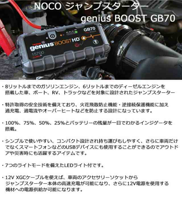 雑誌で紹介された NOCO ノコ genius ジーニアス Boost HD 2000A UltraSafe Lithium Jump Starter ジャンプスターター  LEDランプ付 GB70