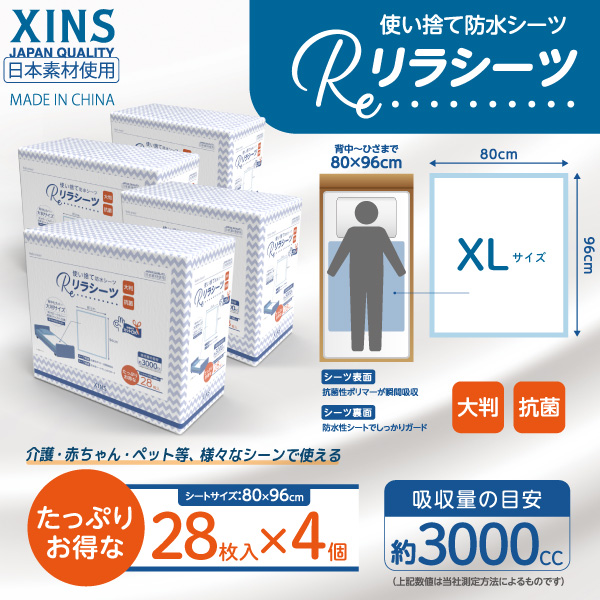 新品リラシーツXL28枚入り4セット リラシーツ 使い捨て 防水 シーツ 大判 抗菌 XLサイズ 28枚入4セット