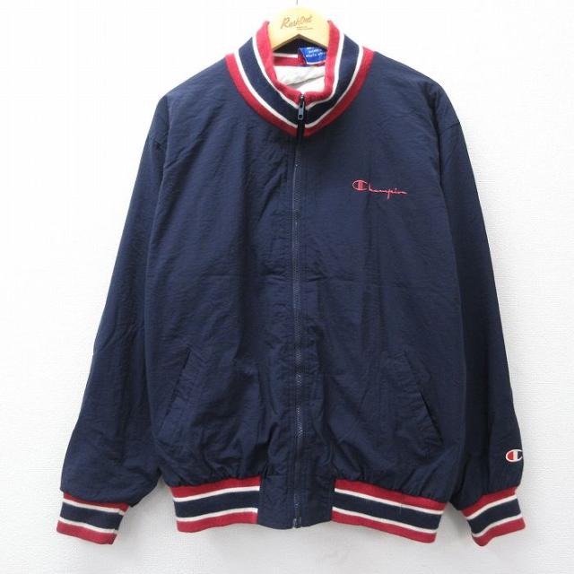 古着 チャンピオン champion 長袖 ナイロン ジャケット メンズ 90年代 90s ワンポイントロゴ 紺 内側キルティング 25nov14