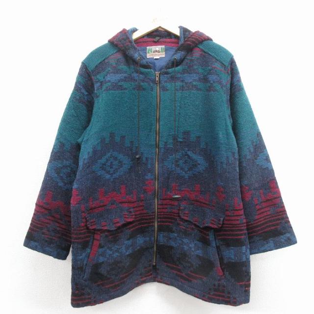古着 EMS 長袖 ジャケット コート レディース 90年代 90s ロング丈 ネイティブ柄 ラグ柄 USA製 紺他 spe 25nov17