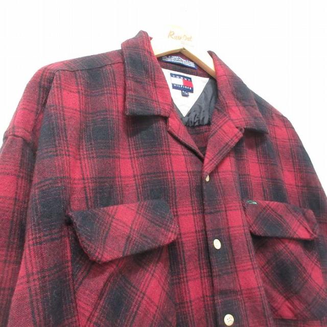 古着 トミーヒルフィガー 長袖 ブランド ウール シャツ メンズ 90年代 90s ワンポイントロゴ 大きいサイズ ロング丈 開襟 オープンカラー エンジ他 オンブレ チェック spe 25nov27_1