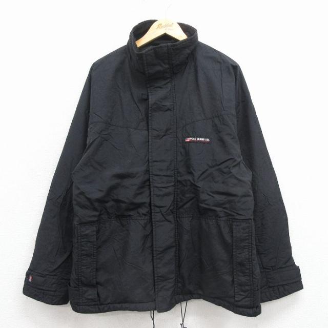 古着 ラルフローレン ポロジーンズ 長袖 ブランド ナイロン ジャケット メンズ ワンポイントロゴ リップストップ 黒 内側フリース 25dec01