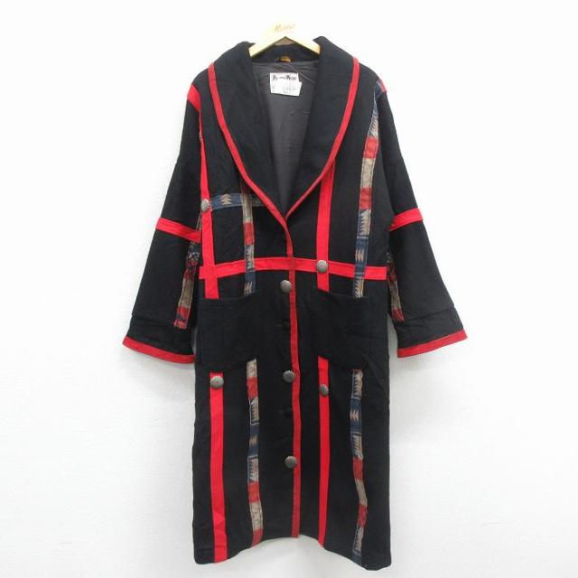 古着 パイオニア 長袖 ウール コート レディース 80年代 80s ロング丈 ショールカラー USA製 黒他 spe 25dec08