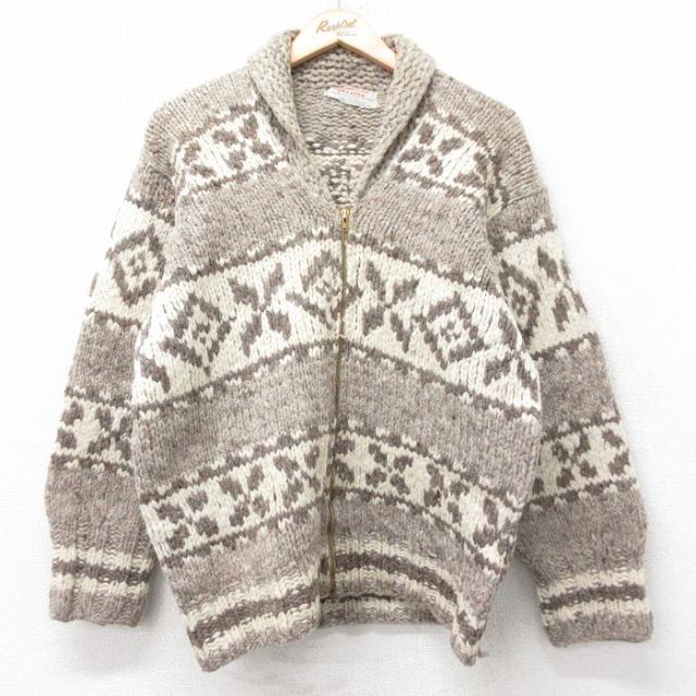 古着 長袖 フルジップ カウチン ニット カーディガン メンズ 70年代 70s ウール ベージュ系他 spe 25dec12