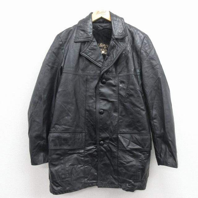 レザージャケット　牛革　古着　内側総柄 古着 シアーズ 長袖 レザー ジャケット メンズ 80年代 80s ロング丈 黒