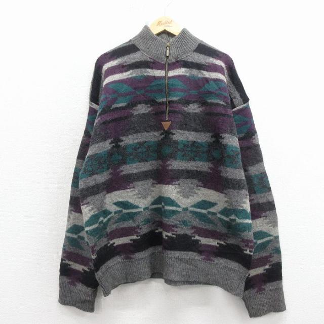 古着 EMS 長袖 ハーフジップ セーター メンズ 90年代 90s ネイティブ柄 ラグ柄 ウール USA製 紫 spe 25dec24