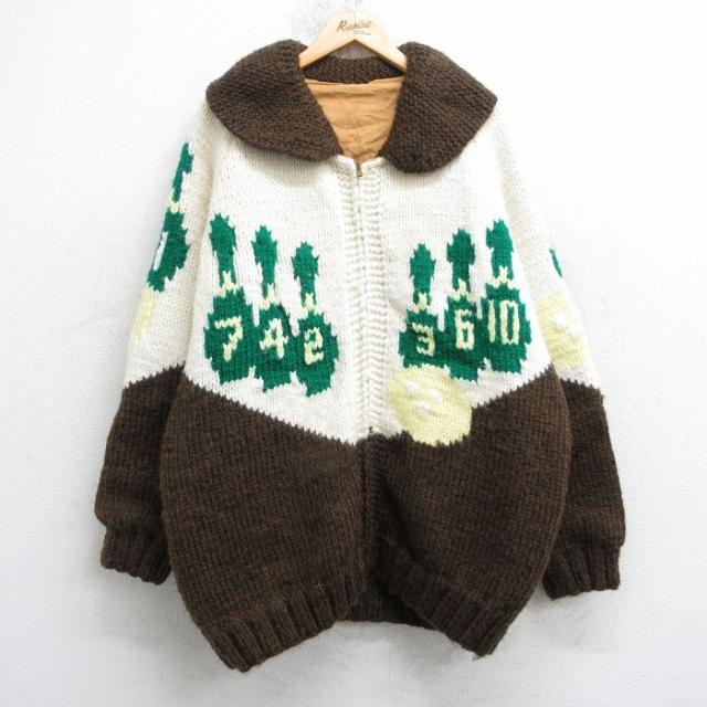 古着 長袖 ビンテージ フルジップ ニット カーディガン カウチン セーター メンズ 60年代 60s ボウリング ラグラン ジョールカラー 茶他 spe 25dec26