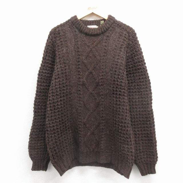 古着 オービス 長袖 アラン フィッシャーマン ケーブル セーター メンズ 80年代 80s ウール クルーネック アイルランド製 こげ茶 spe 25dec26