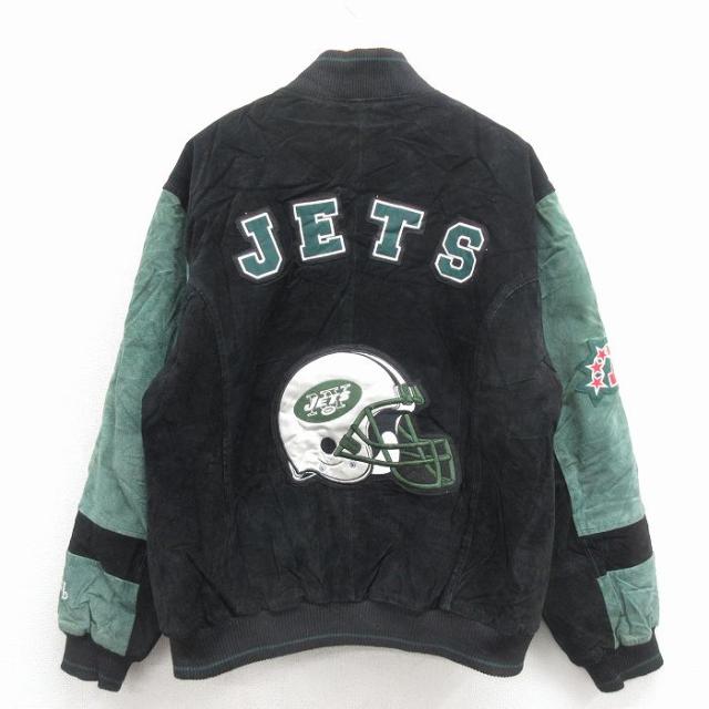 古着 長袖 スエード レザー ジャケット メンズ NFL ニューヨークジェッツ ツートンカラー 黒 内側キルティング アメフト スーパーボウル spe 26jan09