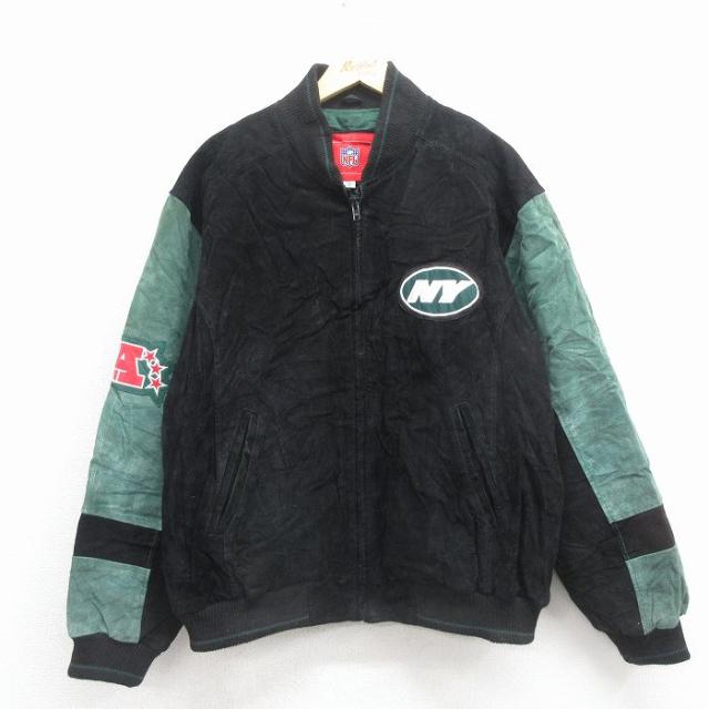 古着 長袖 スエード レザー ジャケット メンズ NFL ニューヨークジェッツ ツートンカラー 黒 内側キルティング アメフト スーパーボウル spe 26jan09_1
