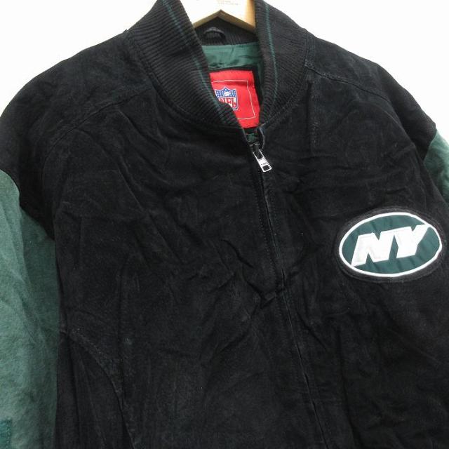 古着 長袖 スエード レザー ジャケット メンズ NFL ニューヨークジェッツ ツートンカラー 黒 内側キルティング アメフト スーパーボウル spe 26jan09_2