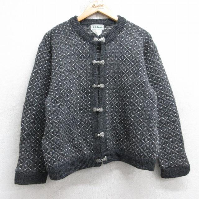 古着 エルエルビーン 長袖 ニット カーディガン レディース 90年代 90s バーズアイ 大きいサイズ ウール ノルウェー製 濃グレー他 spe 26jan16