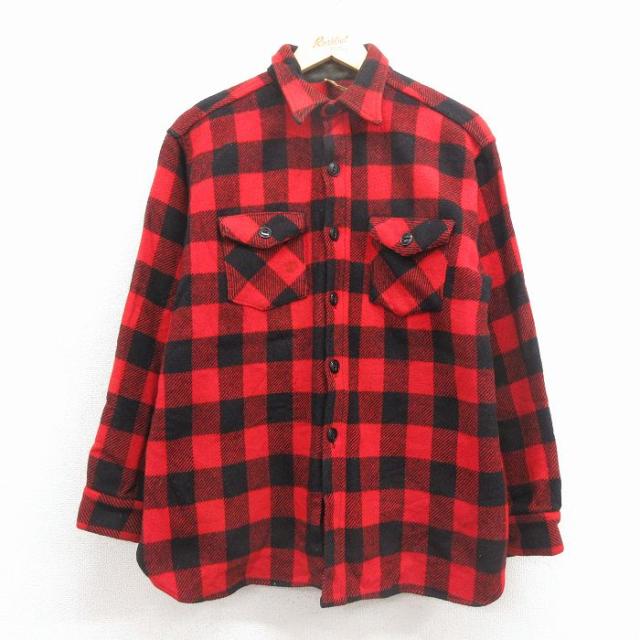 古着 長袖 ビンテージ ウール シャツ メンズ 70年代 70s マチ付き 赤 バッファロー チェック 26jan22