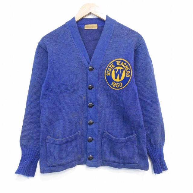 古着 長袖 ビンテージ レタード ニット カーディガン メンズ 50年代 50s 青 spe 26jan24