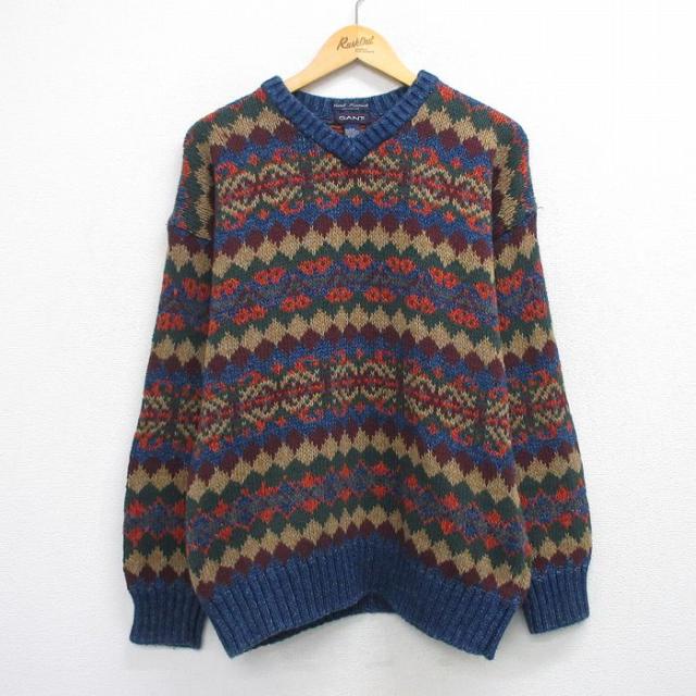 古着 長袖 セーター メンズ 90年代 90s フェアアイル インディゴ 手編み ハンドニット コットン Vネック 紺他 spe 26feb04