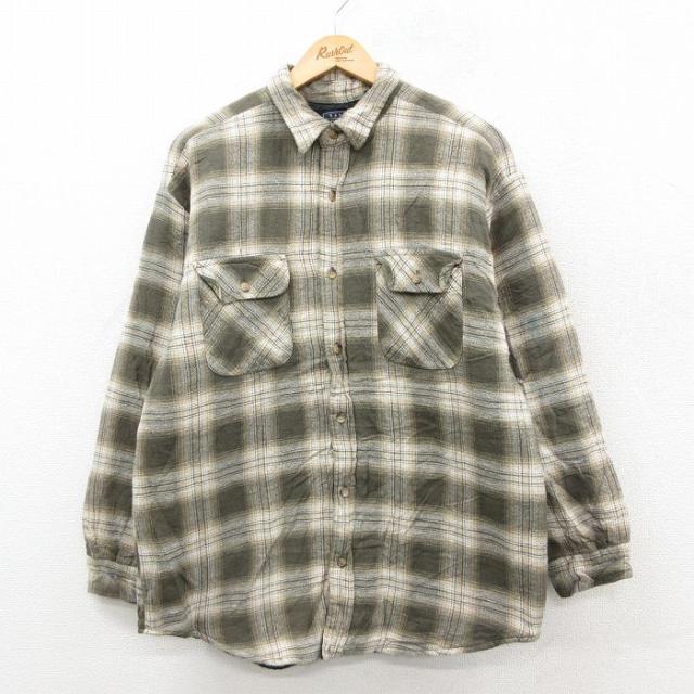 古着 ベーシックエディションズ 長袖 フランネル シャツ メンズ 90年代 90s コットン 緑系他 オンブレ チェック 内側キルティング spe 26feb12