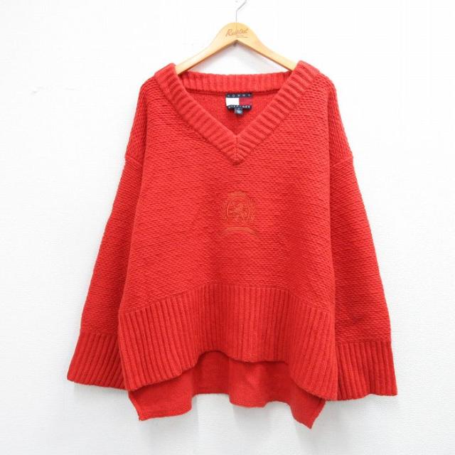 古着 トミーヒルフィガー 長袖 ブランド セーター メンズ 90年代 90s ビッグロゴ 刺繍 大きいサイズ ウール Vネック オレンジ 26feb12