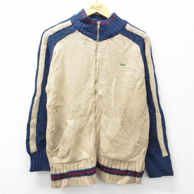 古着 ラコステ LACOSTE 長袖 フルジップ ニット カーディガン メンズ 80年代 80s ワンポイントロゴ フランス製 紺他 spe 26mar11