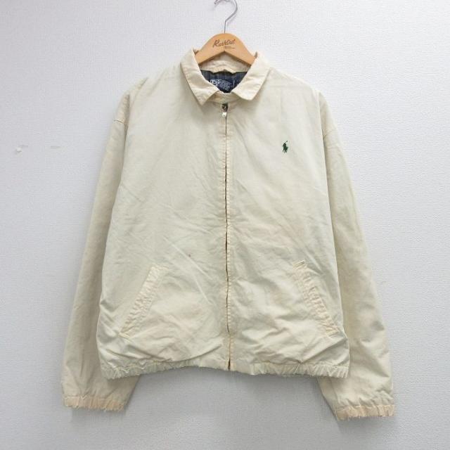 古着 ラルフローレン 長袖 ブランド ジャケット スイングトップ メンズ 90年代 90s ワンポイントロゴ ボロ 大きいサイズ コットン 薄ベージュ 内側フランネル 26apr07