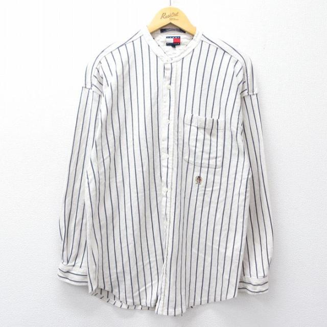 古着 トミーヒルフィガー 長袖 ブランド シャツ メンズ 90年代 90s ワンポイントロゴ コットン ノーカラー 白他 ストライプ spe 26apr08