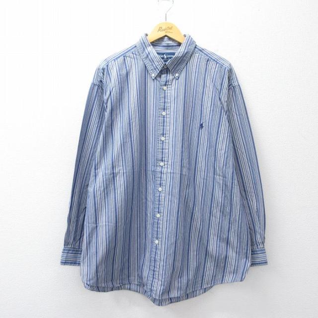 古着 ラルフローレン 長袖 ブランド シャツ メンズ 90年代 90s ワンポイントロゴ 大きいサイズ ロング丈 コットン ボタンダウン 紺他 ストライプ spe 26apr20