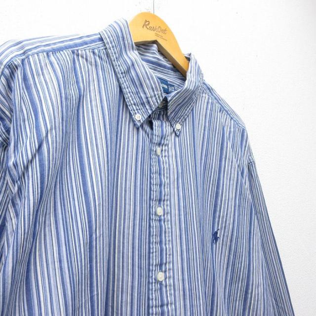 古着 ラルフローレン 長袖 ブランド シャツ メンズ 90年代 90s ワンポイントロゴ 大きいサイズ ロング丈 コットン ボタンダウン 紺他 ストライプ spe 26apr20_1