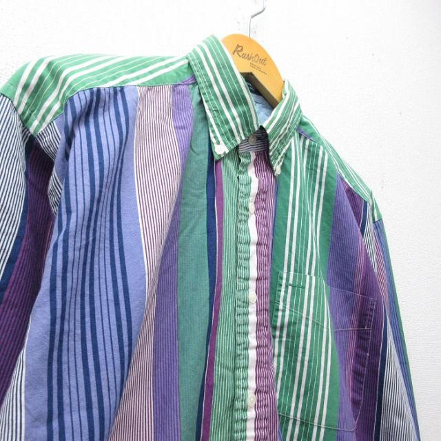 古着 トミーヒルフィガー 長袖 ブランド シャツ メンズ 90年代 90s ワンポイントロゴ コットン ボタンダウン 緑他 ストライプ spe 26apr20_1