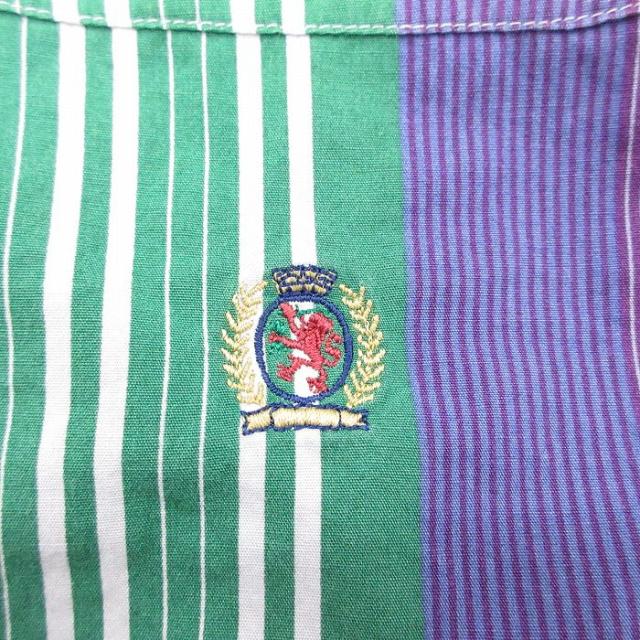 古着 トミーヒルフィガー 長袖 ブランド シャツ メンズ 90年代 90s ワンポイントロゴ コットン ボタンダウン 緑他 ストライプ spe 26apr20_3