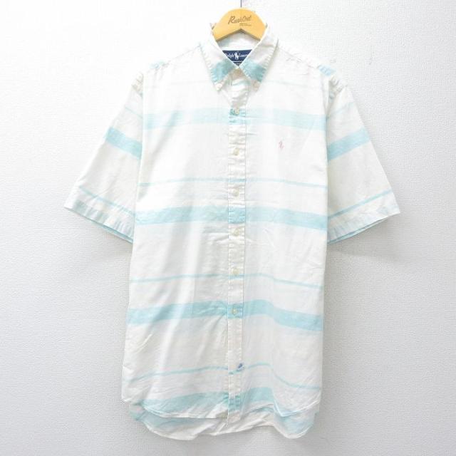 古着 ラルフローレン 半袖 ブランド シャツ メンズ 90年代 90s ワンポイントロゴ 大きいサイズ ロング丈 コットン ボタンダウン 白他 ボーダー spe 26apr22