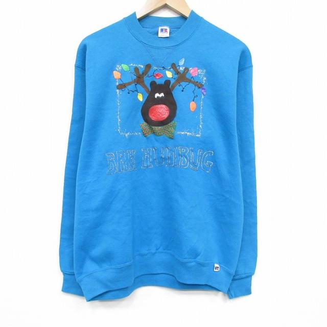 古着 ラッセル 長袖 スウェット メンズ 80年代 80s トナカイ ロング丈 クルーネック USA製 青 spe 26apr24