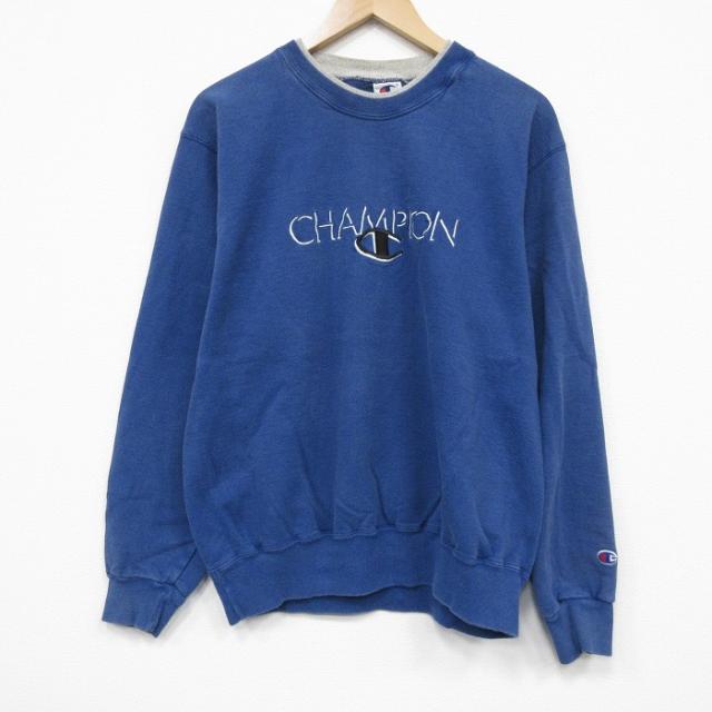古着 チャンピオン champion 長袖 スウェット メンズ 90年代 90s ビッグロゴ 刺繍 クルーネック 青 spe 26apr28