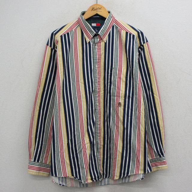 古着 トミーヒルフィガー 長袖 ブランド シャツ メンズ 90年代 90s ワンポイントロゴ 大きいサイズ ボタンダウン 白他 ストライプ spe 26apr30