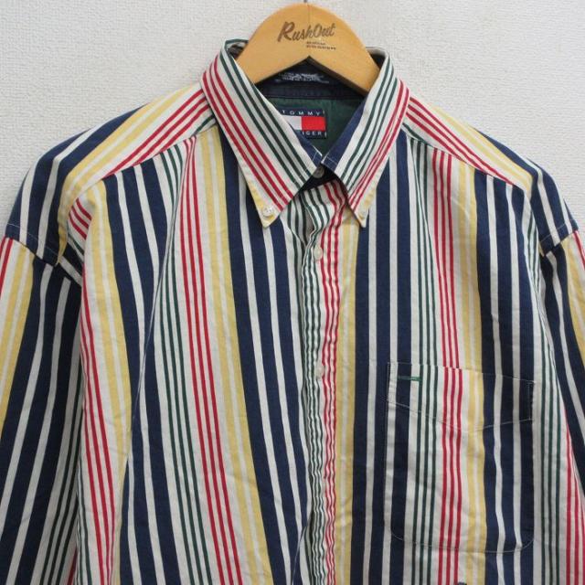 古着 トミーヒルフィガー 長袖 ブランド シャツ メンズ 90年代 90s ワンポイントロゴ 大きいサイズ ボタンダウン 白他 ストライプ spe 26apr30_1