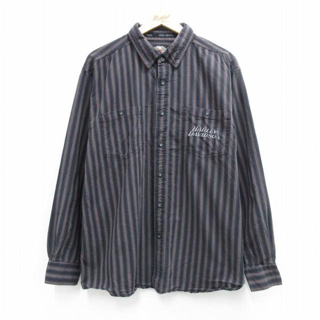 古着 ハーレーダビッドソン 長袖 シャツ メンズ ビッグロゴ 刺繍 コットン 黒他 ストライプ spe 26may02