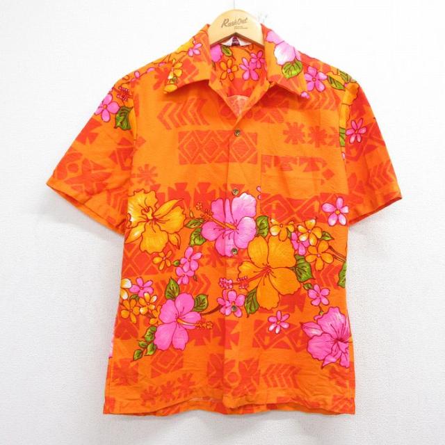 古着 半袖 ハワイアン シャツ メンズ 80年代 80s ハイビスカス 開襟 オープンカラー ハワイ製 オレンジ他 26may07 6,329円