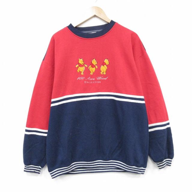 古着 長袖 スウェット メンズ 00年代 00s ディズニー くまのプーさん 刺繍 クルーネック レッド spe 26may14