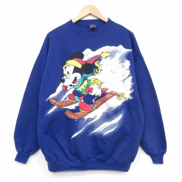 古着 長袖 スウェット メンズ 90年代 90s ディズニー ミッキー スキー クルーネック USA製 ブルー spe 26may15