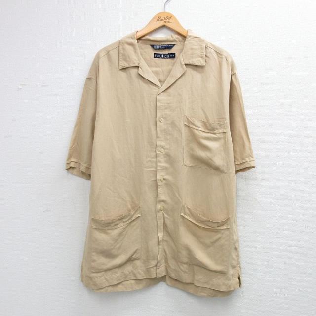 古着 ノーティカ 半袖 ブランド シャツ メンズ 90年代 90s 大きいサイズ ロング丈 リネン レーヨン 開襟 オープンカラー ベージュ spe 26may20