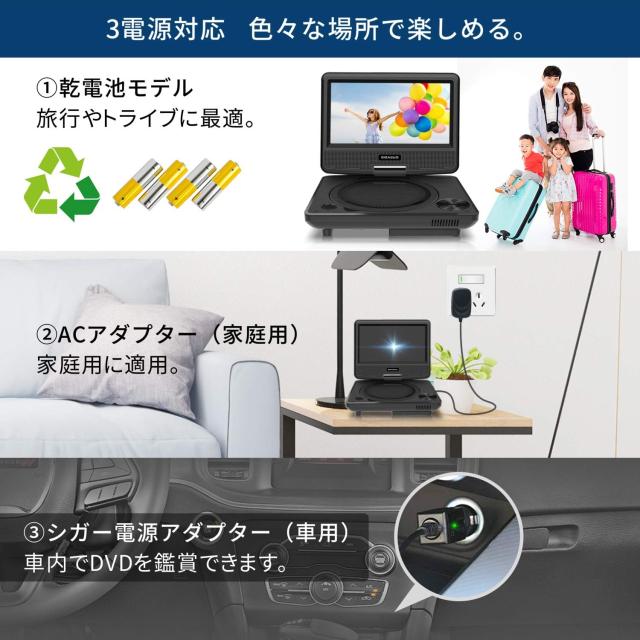 ポータブルDVDプレーヤー 7.5インチ 単3形乾電池式 6時間再生可能