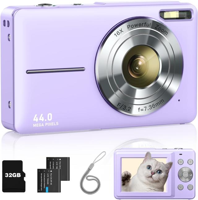 デジタルカメラ デジカメ コンパクト HDカメラ 1080P 4400万画素 手ブレ補正 軽量 携帯便利 2.4インチIPS画面 32gメモリーカード付属 パープル AKM-237