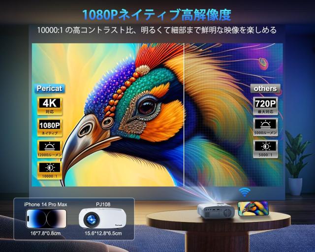 プロジェクター 小型 高輝度12000LM 家庭用 1080P 5GWiFi Bluetooth5.3 4K対応 300インチ大画面 ホームプロジェクター 天井投影 HiFiスピーカー APJ-107_1