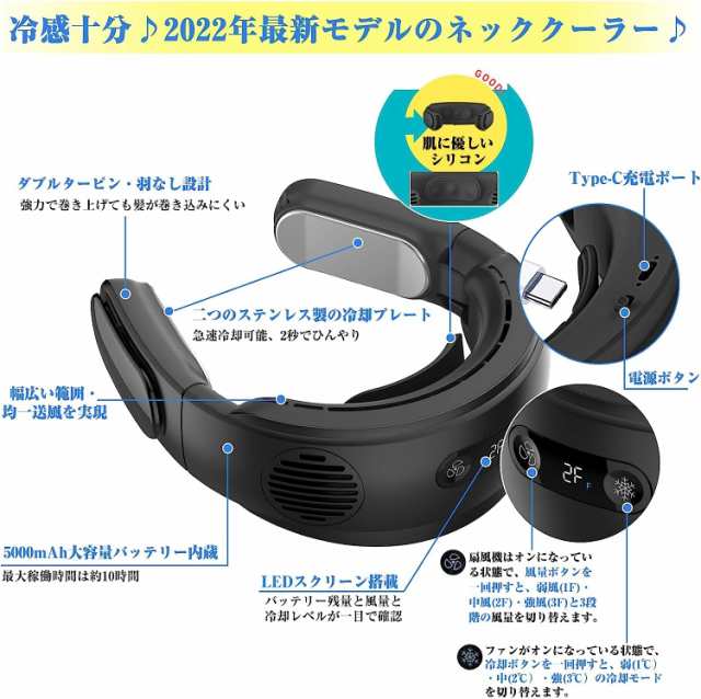 ネッククーラー 首かけ扇風機 羽なし LEDディスプレイ 360°上下送風