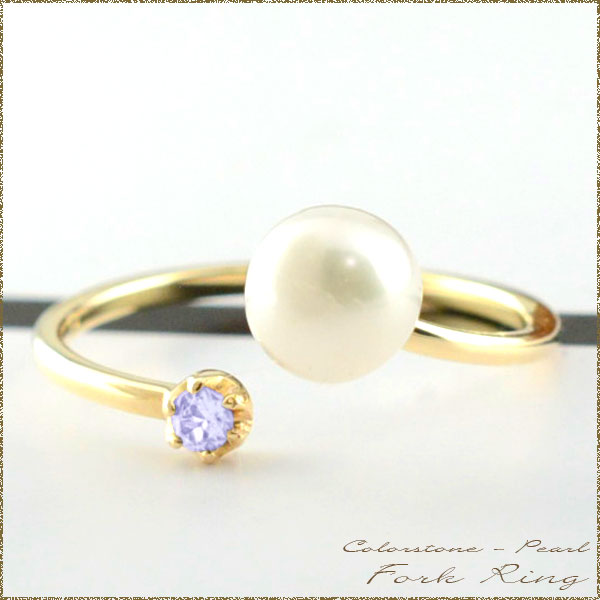 パール アメジスト フォークリング リング 指輪  k10 ゴールド ピンキーリング  ミディリング フの通販は