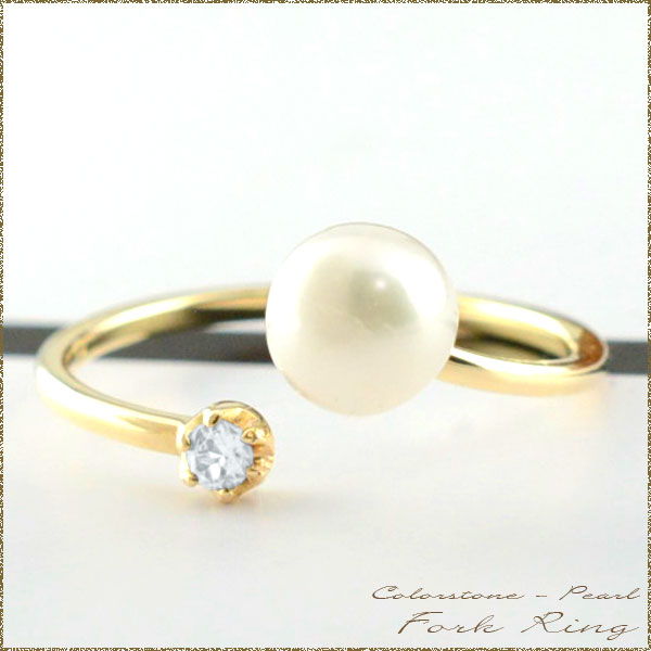 パール アクアマリン フォークリング リング 指輪  k10 ゴールド ピンキーリング  ミディリング の通販は 17,520円