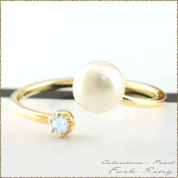 パール ブルームーン フォークリング リング 指輪  k10 ゴールド ピンキーリング  ミディリング の通販は
