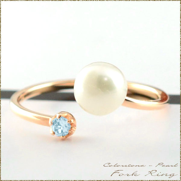 ブルートパーズ パール フォークリング リング 指輪  k10 ゴールド ピンキーリング  ミディリンの通販は